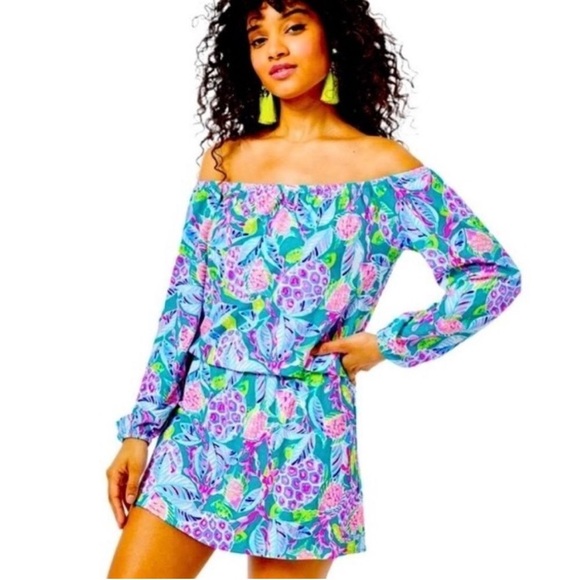 Lilly Pulitzer Pants - Lilly Pulitzer Off the Shoulder Lana Skort Romper Maldives Green Turtle Wave XXS